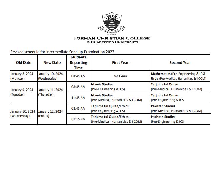 Revised Schedule for Intermediate Send up Examination