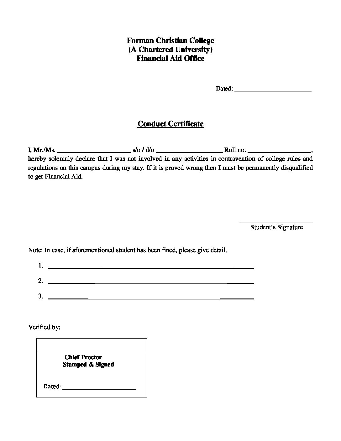 Conduct Certificate Forman Christian College