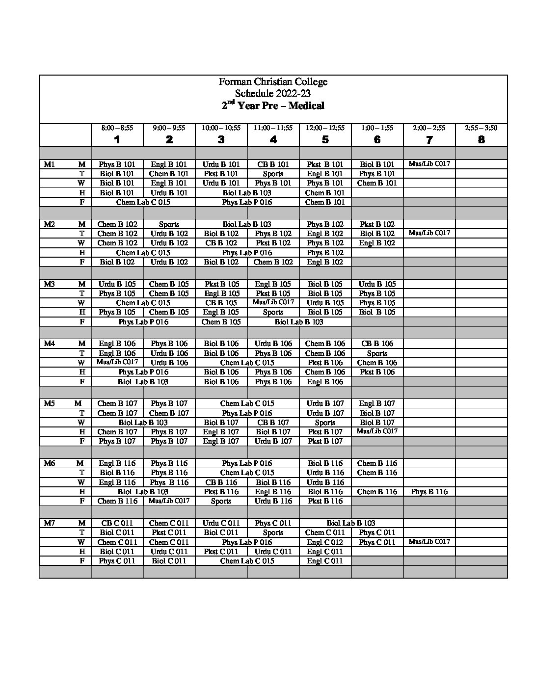 2nd Year Schedules 2022 Morning - Forman Christian College 2nd Year Schedules 2022 Morning - Forman Christian College