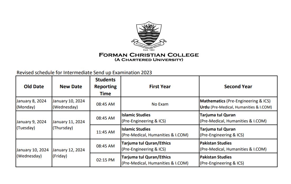 Revised Schedule for Intermediate Send up Examination - Forman Christian College Revised Schedule for Intermediate Send up Examination - Forman Christian College