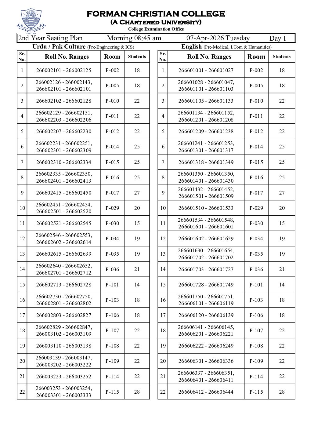 1. II Year Seating Plan 07-April 26