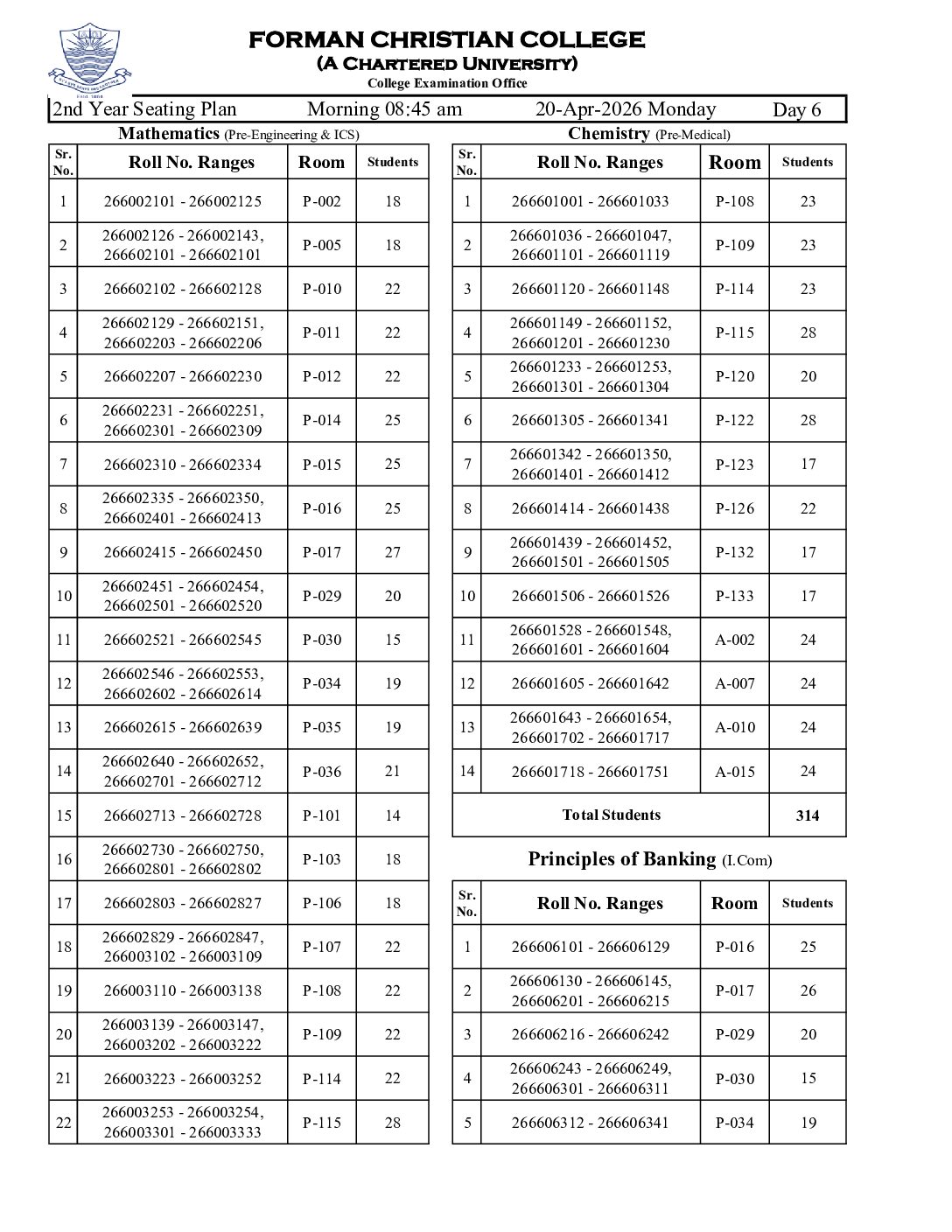 6. II Year Seating Plan 20-April 26