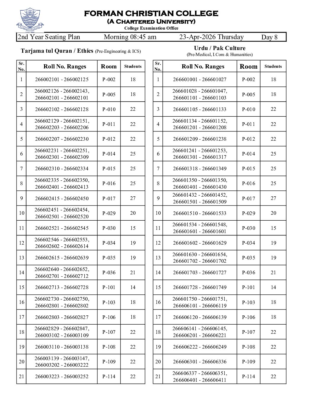 8. II Year Seating Plan 23-April 26
