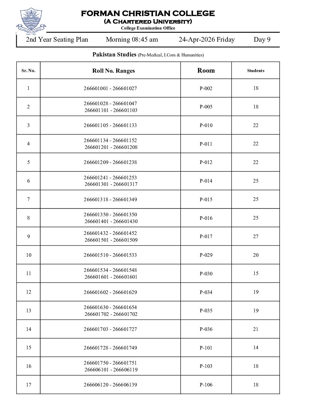 9. II Year Seating Plan 24-April 26